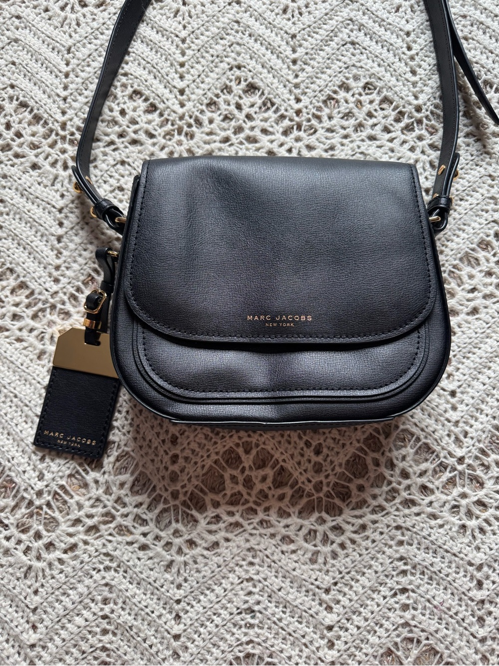 Marc Jacobs Black Pebbled Leather Mini Rider Flap Crossbody Bag Designer Gold